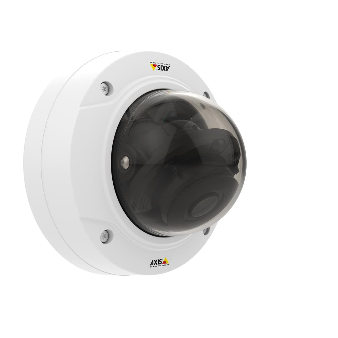 Witte Axis P3285-LV domecamera met transparante koepel en ARTPEC-9 AI-technologie voor professionele beveiliging.