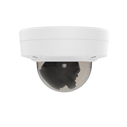 Witte Axis P3285-LV domecamera met transparante koepel en interne zwarte cameramodule voor professionele beveiliging.
