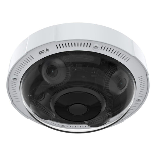 Witte Axis P3735-PLE multidirectionele beveiligingscamera met vier lenzen onder een transparante koepel.