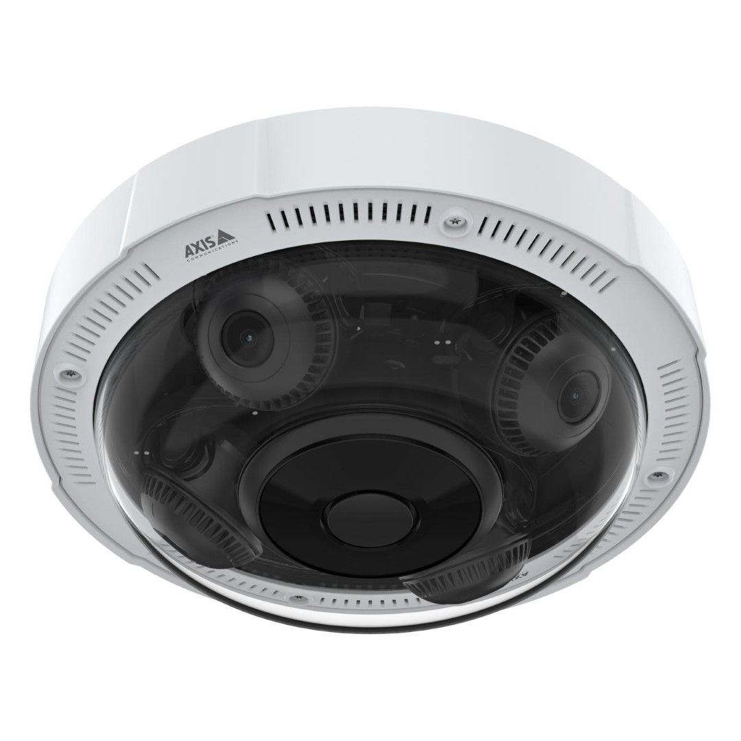 Witte Axis P3737-PLE multidirectionele beveiligingscamera met vier verstelbare 5MP cameralenzen onder een glazen koepel.