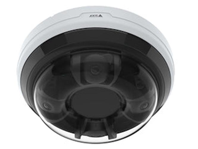 Axis P3748-PLVE witte multidirectionele buitencamera met vier 4K-lenzen onder een transparante koepel.