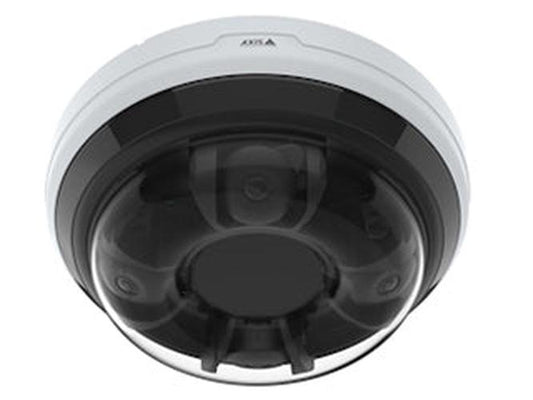 Axis P3748-PLVE witte multidirectionele buitencamera met vier 4K-lenzen onder een transparante koepel.
