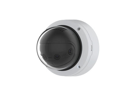Axis P3827-PVE witte panoramische multisensor camera met vier lenzen onder een transparante koepel.