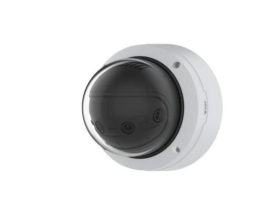 Axis P3827-PVE witte panoramische multisensor camera met vier lenzen onder een transparante koepel.