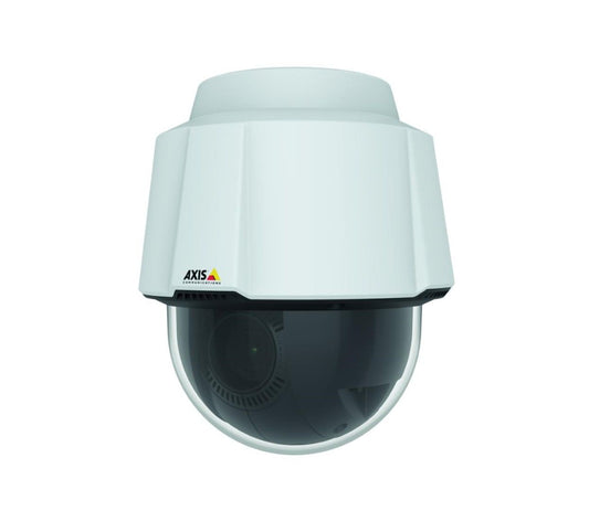 Witte Axis P5654-E Mk II outdoor PTZ-domecamera met zwarte lens en robuuste behuizing voor professionele bewaking.