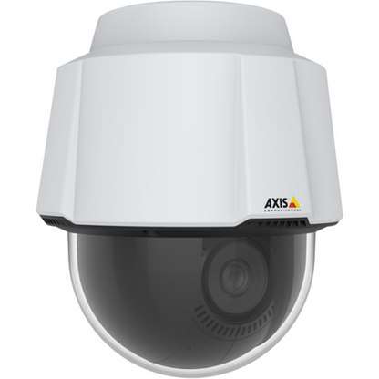 Witte Axis P5655-E PTZ-domecamera met transparante lenskap voor professionele outdoor bewaking.