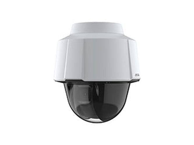 Axis P5676-LE witte PTZ-buitencamera met zwarte koepel en robuust, weerbestendig ontwerp.