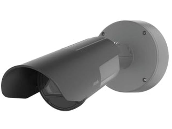 Grijze Axis Q1800-LE ANPR-camera met varifocale lens en zonnekap voor kentekenherkenning bij hoge snelheden.
