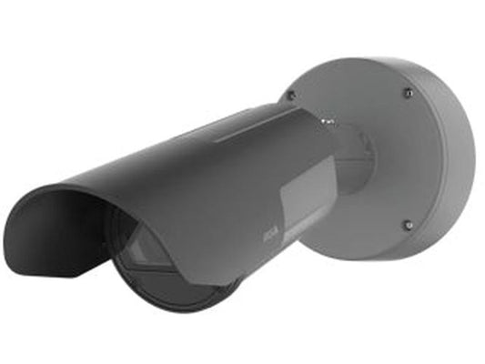 Grijze Axis Q1800-LE ANPR-camera met varifocale lens en zonnekap voor kentekenherkenning bij hoge snelheden.