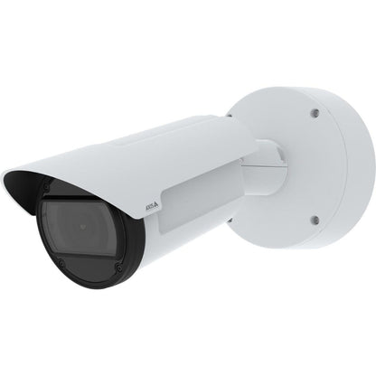 Witte Axis Q1805-LE bulletcamera voor buiten met 32x optische zoom en robuuste wandmontagebeugel.