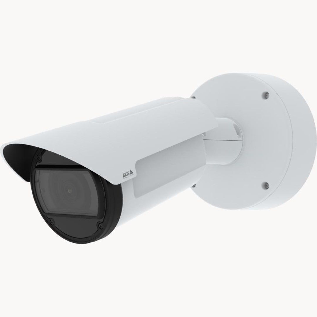 Witte Axis Q1806-LE bulletcamera voor buiten met 32x zoomlens en robuuste wandmontagebeugel.