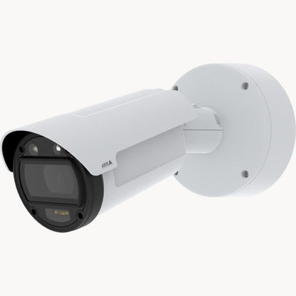Witte Axis Q1808-LE 4K bullet-buitencamera met Canon-lens en robuuste montagebeugel voor professionele beveiliging.