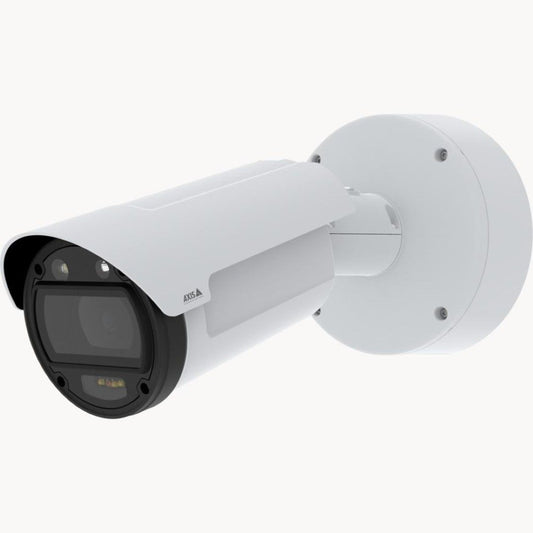 Witte Axis Q1808-LE 4K bullet-buitencamera met Canon-lens en robuuste montagebeugel voor professionele beveiliging.
