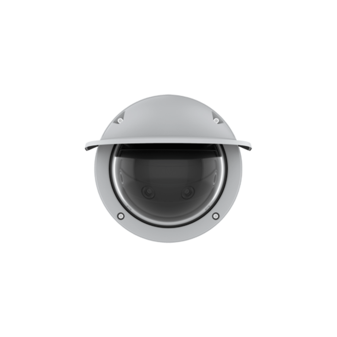 Grijze Axis Q4809-PVE multisensor domecamera met 180° panoramische lens en beschermende zonnekap.