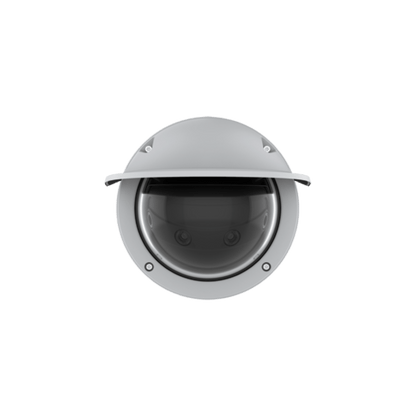 Grijze Axis Q4809-PVE multisensor domecamera met 180° panoramische lens en beschermende zonnekap.
