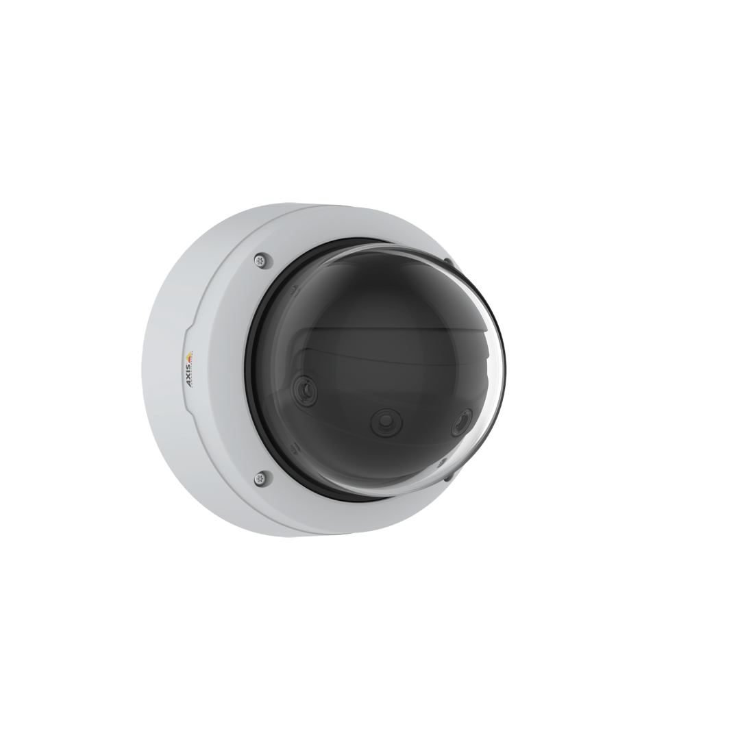 Witte Axis Q4809-PVE multisensor domecamera met vier lenzen achter een transparante koepel voor 180° panoramisch toezicht.