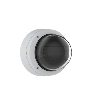 Witte Axis Q4809-PVE multisensor domecamera met vier lenzen achter een transparante koepel voor 180° panoramisch toezicht.