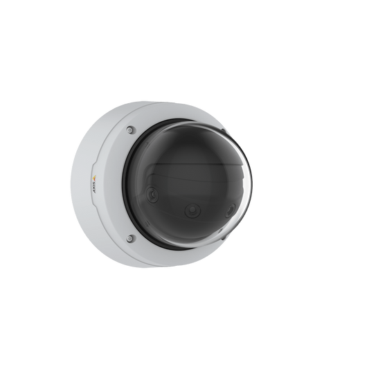 Witte Axis Q4809-PVE multisensor domecamera met vier lenzen achter een transparante koepel voor 180° panoramisch toezicht.