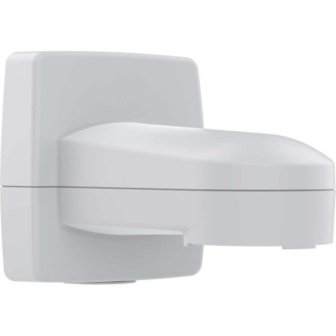 Witte, slagvaste Axis TQ5001-E muur- en paalmontagebeugel voor beveiligingscamera's met een weerbestendig ontwerp.
