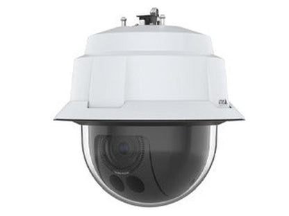 Witte Axis Q6086-E PTZ-buitencamera met een robuuste behuizing, donkere koepel en geavanceerde laserfocus-lens.