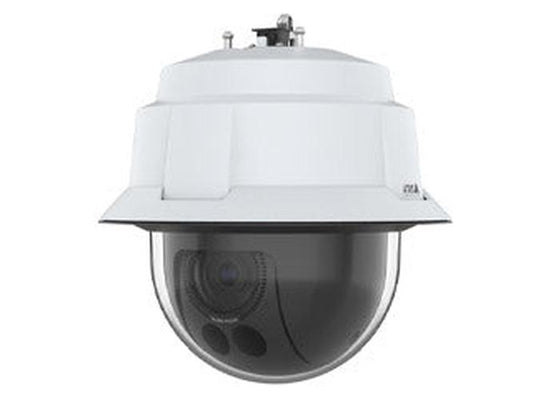 Witte Axis Q6086-E PTZ-buitencamera met een robuuste behuizing, donkere koepel en geavanceerde laserfocus-lens.