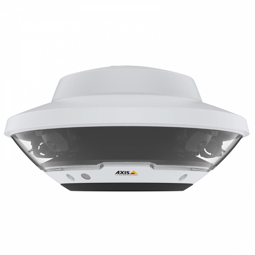 Witte Axis Q6300-E 360° multisensor camera met vier lenzen en transparante koepel voor professionele bewaking.