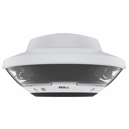 Witte Axis Q6300-E 360° multisensor camera met vier lenzen en transparante koepel voor professionele bewaking.