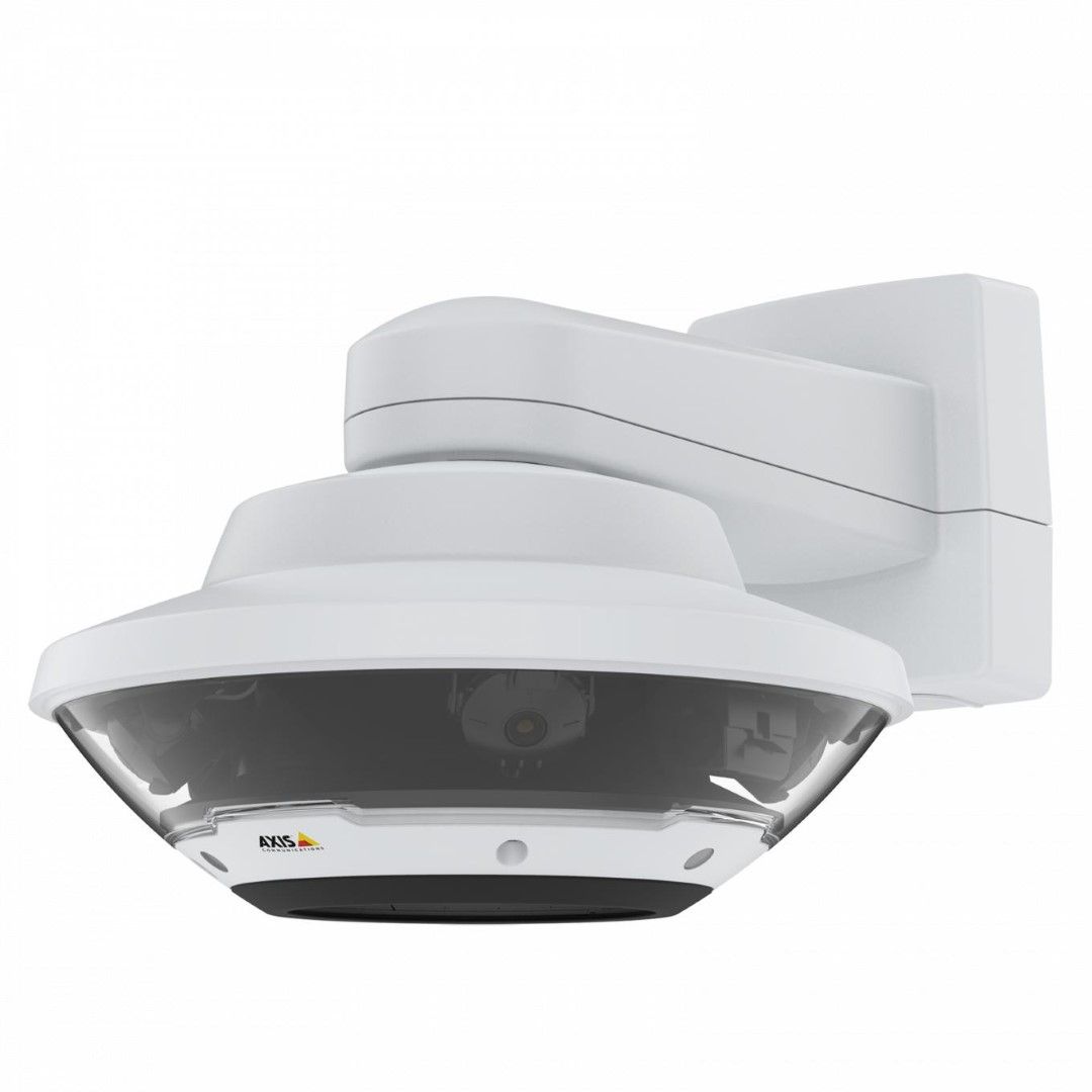 Witte Axis Q6300-E 360° multisensor beveiligingscamera met vier lenzen en muurbevestiging op een witte achtergrond.