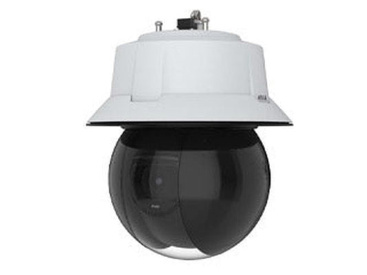 Witte Axis Q6355-LE PTZ-buitencamera met zwarte koepel en robuuste behuizing voor professionele videobewaking.