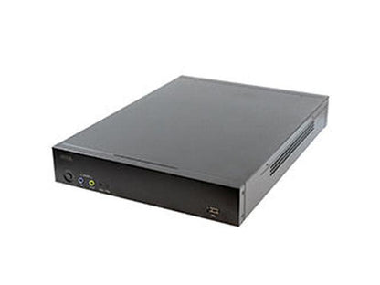 Compacte zwarte Axis S2108 all-in-one recorder met strak metalen design en voorzijde met USB- en audio-aansluitingen.