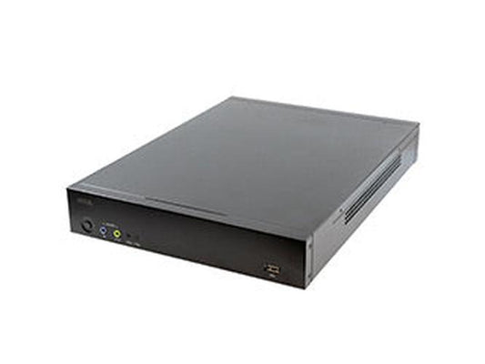 Compacte zwarte Axis S2108 all-in-one recorder met strak metalen design en voorzijde met USB- en audio-aansluitingen.