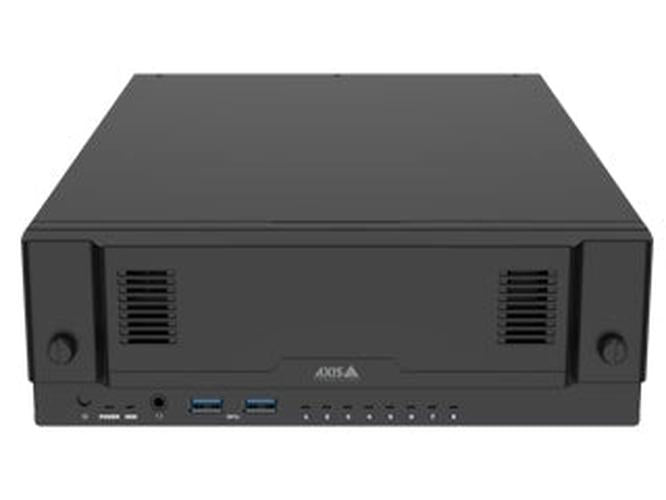 Zwarte Axis S2208 Mk II all-in-one recorder met ventilatieroosters, USB-poorten en acht PoE-statuslampjes aan de voorzijde.