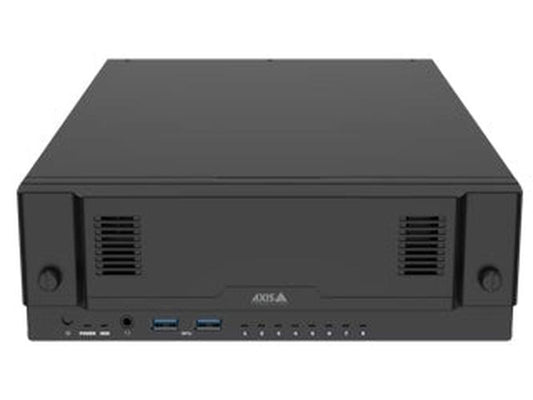 Zwarte Axis S2208 Mk II all-in-one recorder met ventilatieroosters, USB-poorten en acht PoE-statuslampjes aan de voorzijde.