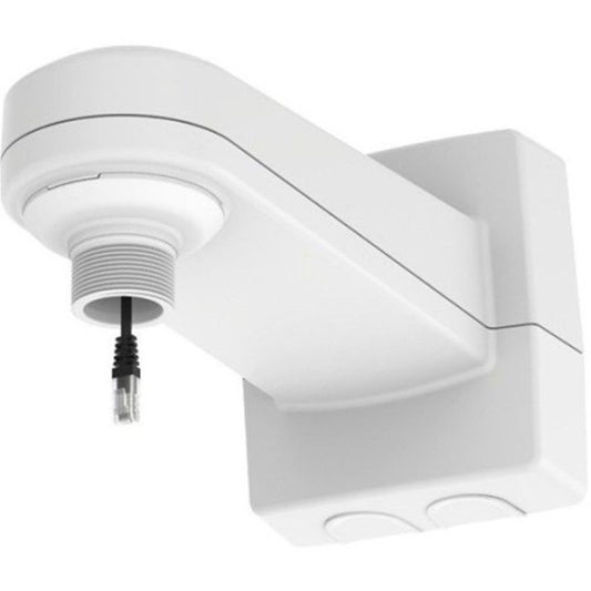 Witte Axis T91H61 wandmontagebeugel voor beveiligingscamera's met ingebouwde RJ45-kabel en beschermende behuizing.