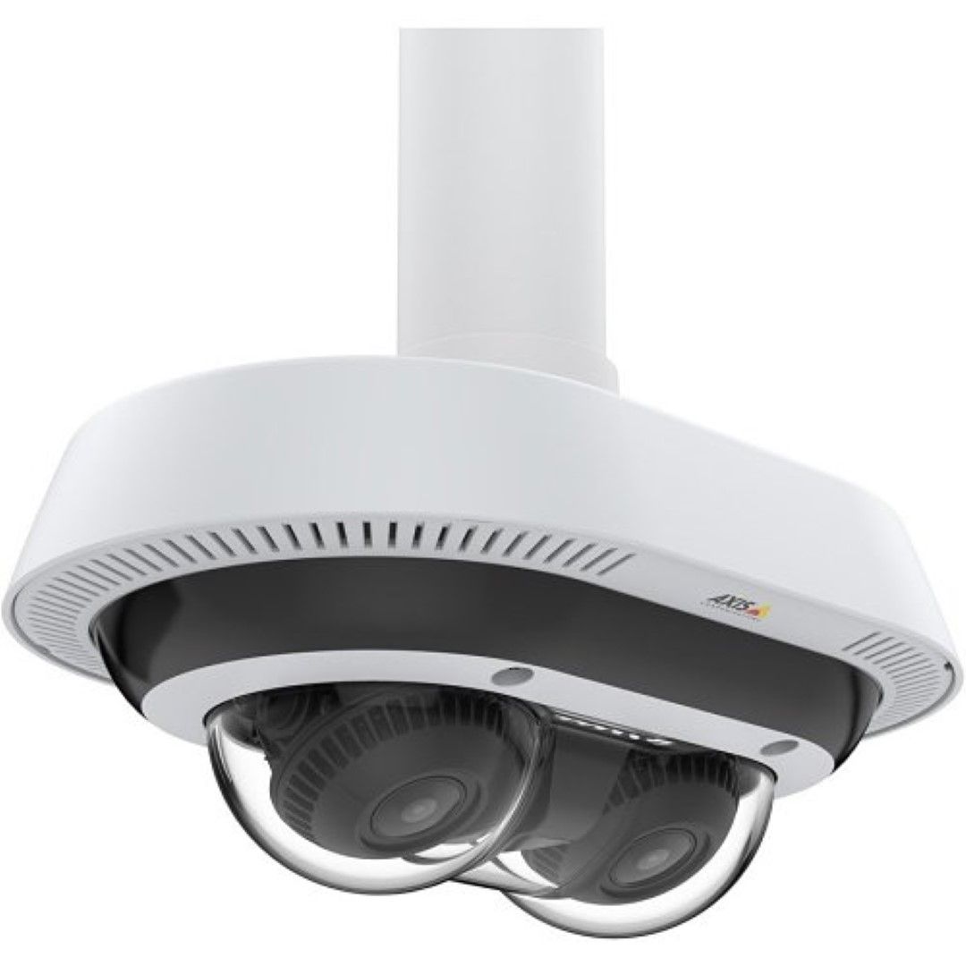 Witte Axis T94N02D hangende kit met panoramische camera, gemonteerd aan een 1.5″ NPS-beugel voor buitenmontage.