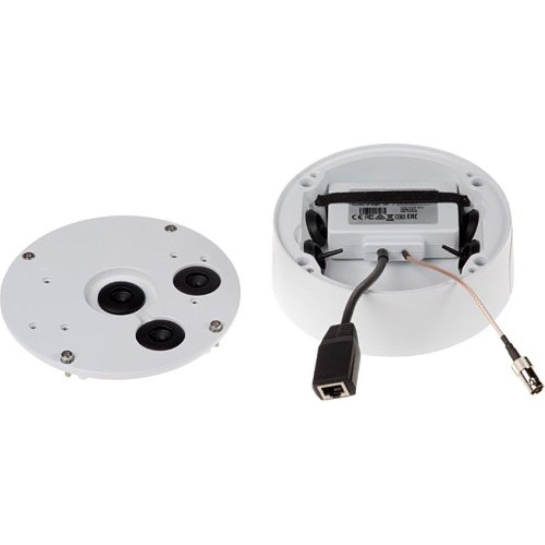 Witte Axis T94S01P kabeldoos met open behuizing, interne bekabeling en afneembare ronde montageplaat voor camera's.