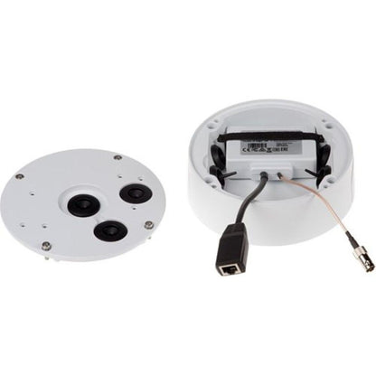 Witte Axis T94S01P kabeldoos met open behuizing, interne bekabeling en afneembare ronde montageplaat voor camera's.
