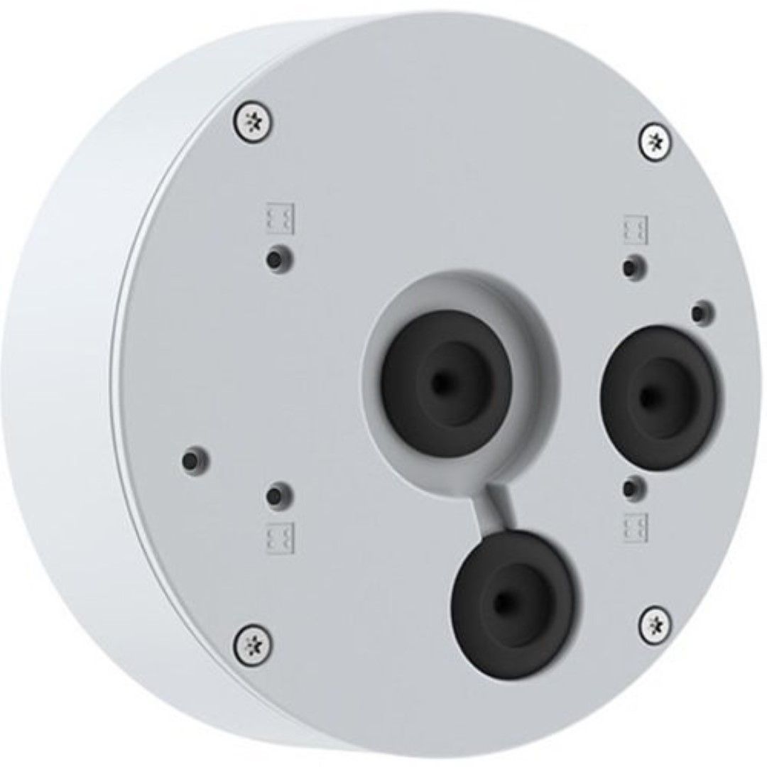 Witte Axis T94S01P kabeldoos met ronde behuizing, drie zwarte kabeldoorvoeren en bevestigingsschroeven.
