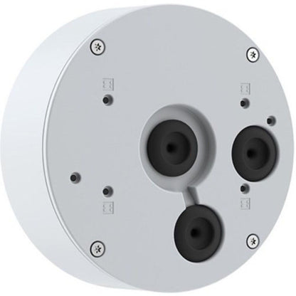 Witte Axis T94S01P kabeldoos met ronde behuizing, drie zwarte kabeldoorvoeren en bevestigingsschroeven.