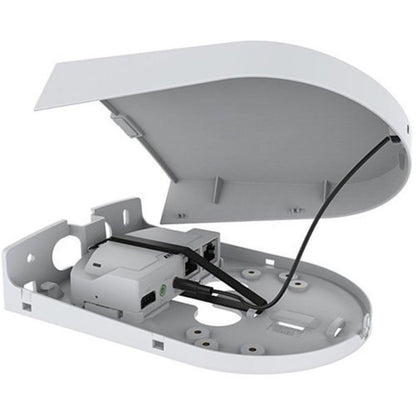 Witte Axis TM3101 wandmontage met open behuizing voor kabelbeheer en interne aansluitingen voor beveiligingscamera's.