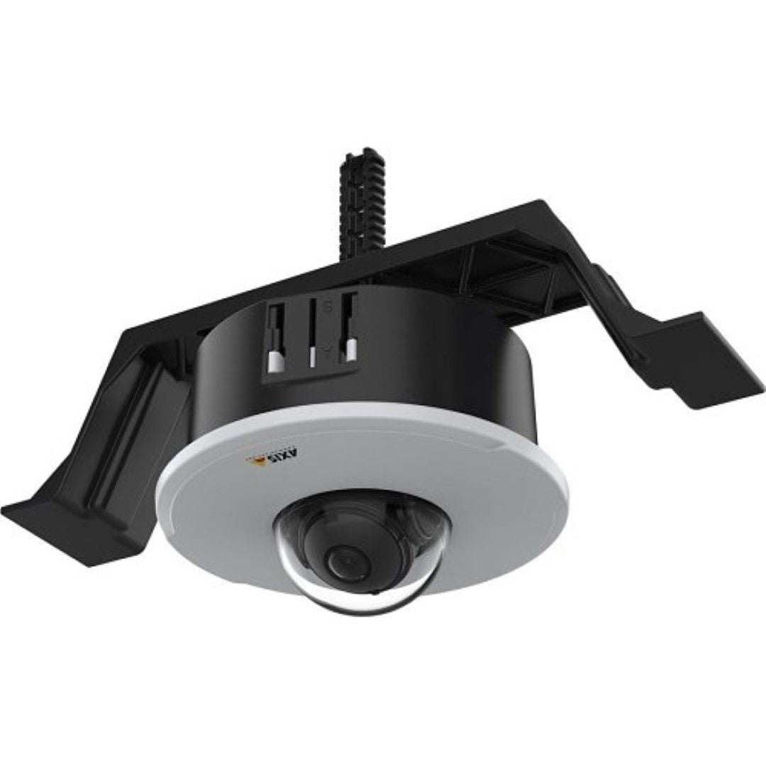 Axis TM3201 inbouwmontage voor Axis M30 camera met witte afdekring en zwarte bevestigingsbeugel voor plafondmontage.
