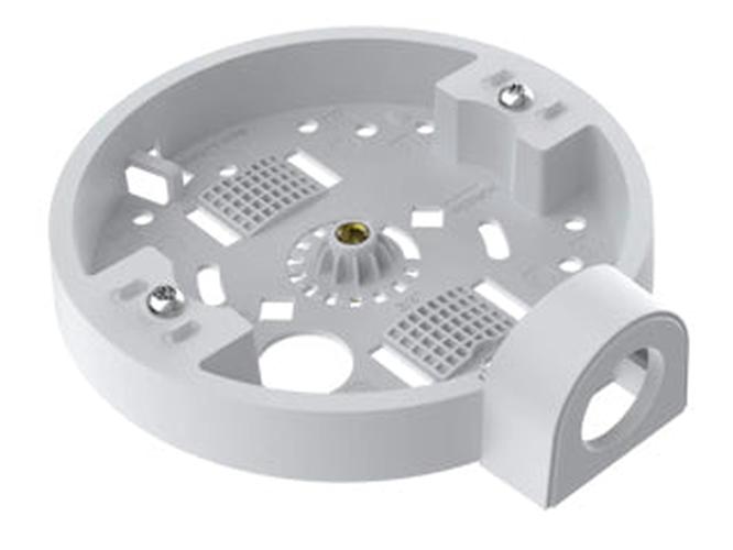 Witte Axis TM3601-E metalen aansluitdoos voor IP-camera's met ronde behuizing en kabelinvoer voor plafondmontage.