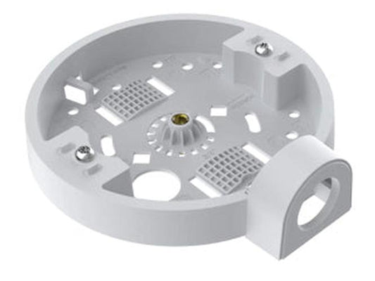Witte Axis TM3601-E metalen aansluitdoos voor IP-camera's met ronde behuizing en kabelinvoer voor plafondmontage.