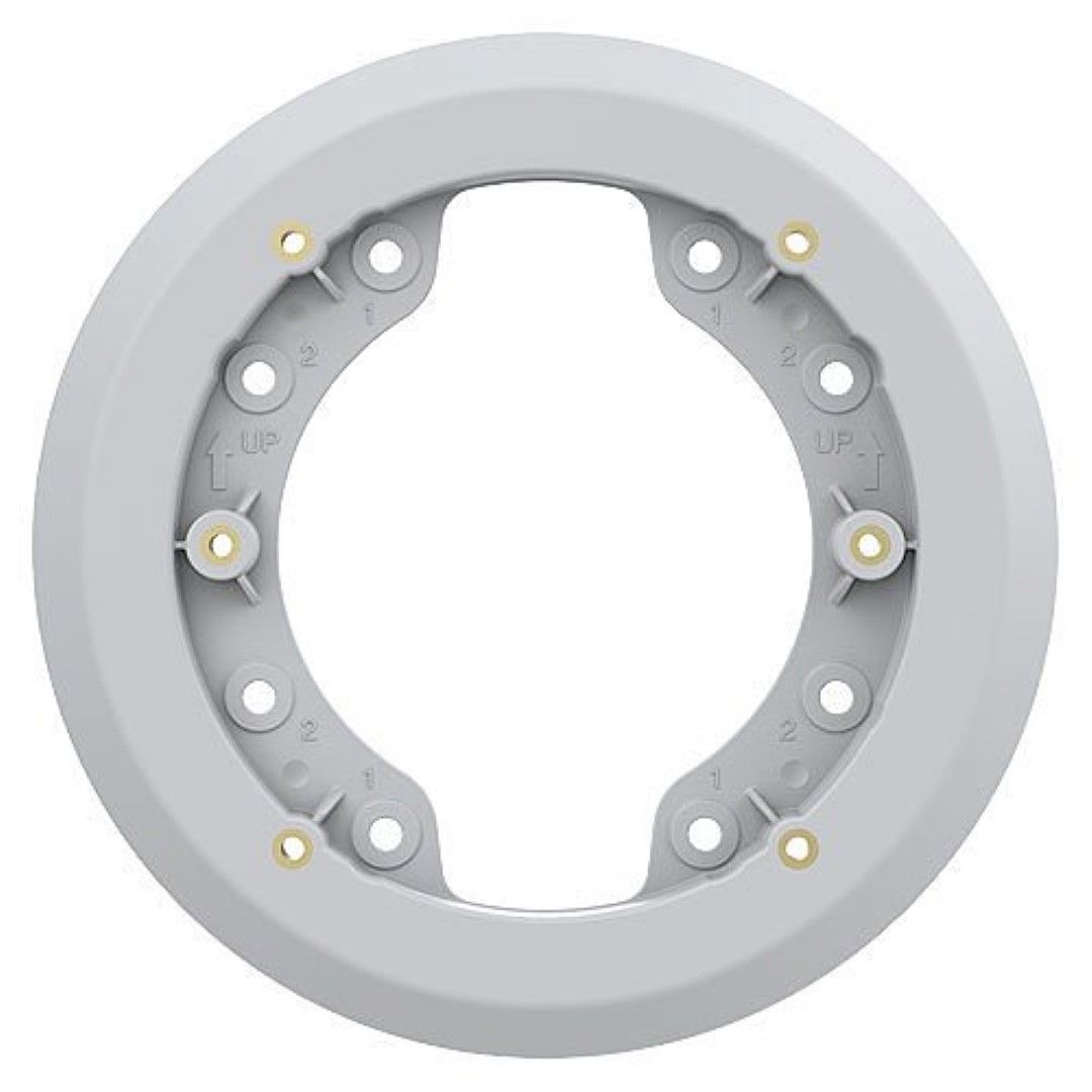 Ronde grijze Axis TP1601 adapterplaat met montagegaten en 'UP'-markeringen voor Axis P14 en M42 serie camera's.