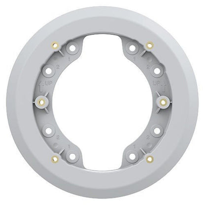 Ronde grijze Axis TP1601 adapterplaat met montagegaten en 'UP'-markeringen voor Axis P14 en M42 serie camera's.