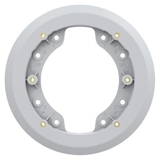 Ronde grijze Axis TP1601 adapterplaat met montagegaten en 'UP'-markeringen voor Axis P14 en M42 serie camera's.