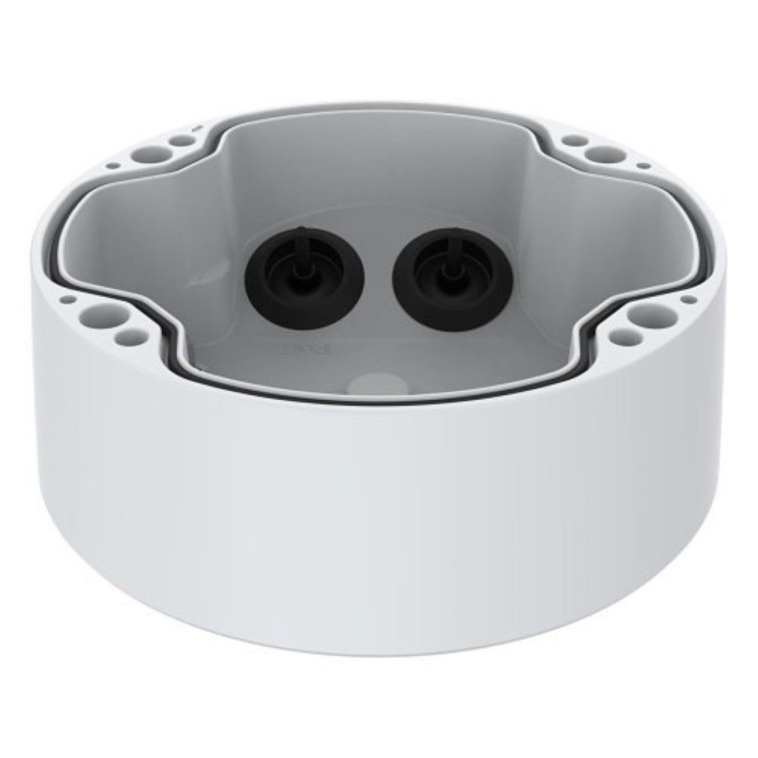 Witte Axis TP1602-E kabeldoos voor buitengebruik met extra diepe behuizing en twee zwarte kabeldoorvoeren.