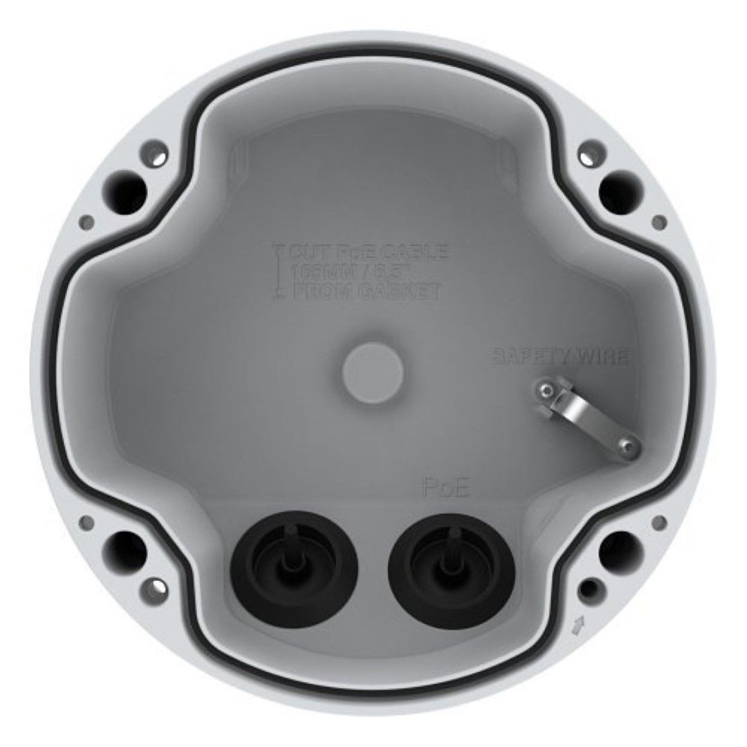 Witte Axis TP1602-E kabeldoos met diepe behuizing, twee kabeldoorvoeren en veiligheidskabel voor Axis camera's.