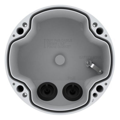 Witte Axis TP1602-E kabeldoos met diepe behuizing, twee kabeldoorvoeren en veiligheidskabel voor Axis camera's.