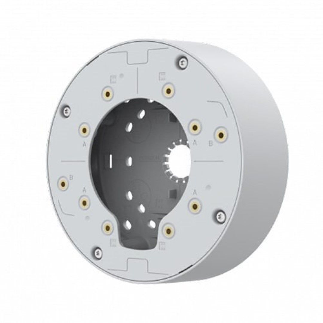 Witte Axis TP3603 ronde kabeldoos met montagegaten en interne kabelinvoeringen voor camera-installaties.